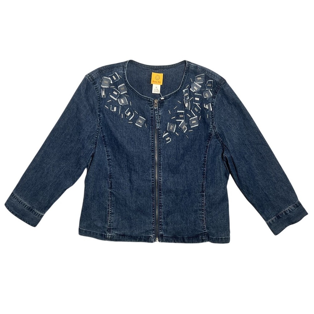 Ruby Rd. Women's Blue Denim Jacket Size 14 Embellished Full Zip Ramie Blend